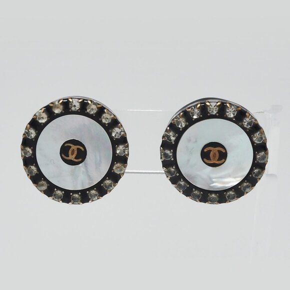 Chanel Mother of Pearl Crystal Acetate CC Goldtone Clip-On Earrings - Picture 1 of 5